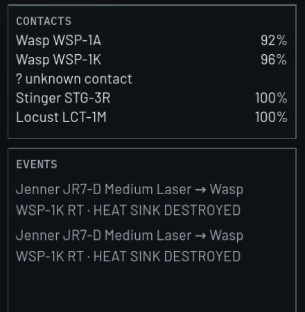 Contacts list with armour percentages and an events list of heat-sink hits