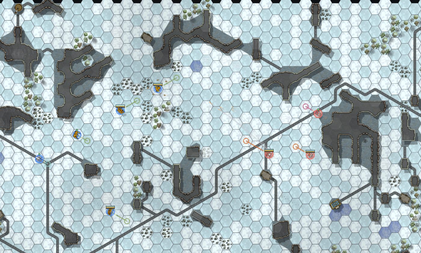 Close view of the board with units and coloured lines for movement and fire