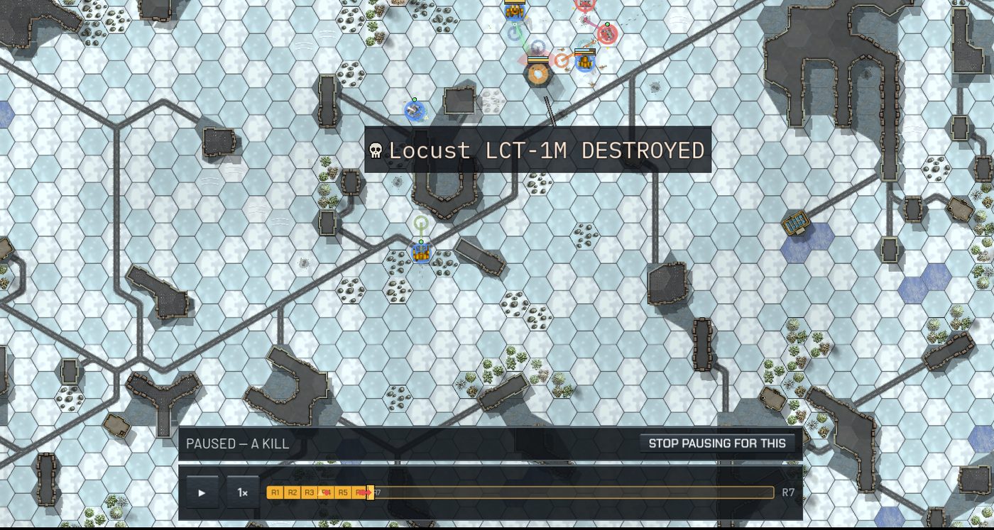 A kill caption on the board, Locust LCT-1M destroyed, with the pause strip below reading PAUSED, A KILL