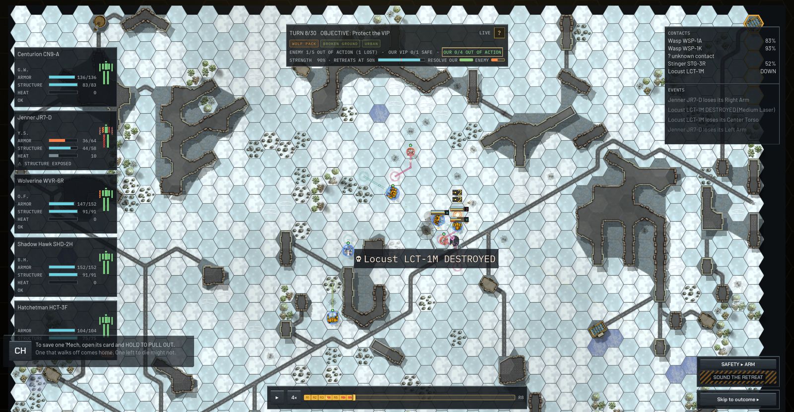 Zoomed-in battle view with panels floating over the board