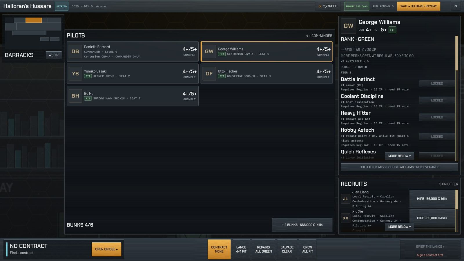 Barracks: pilot list with skills, selected pilot's rank, perks