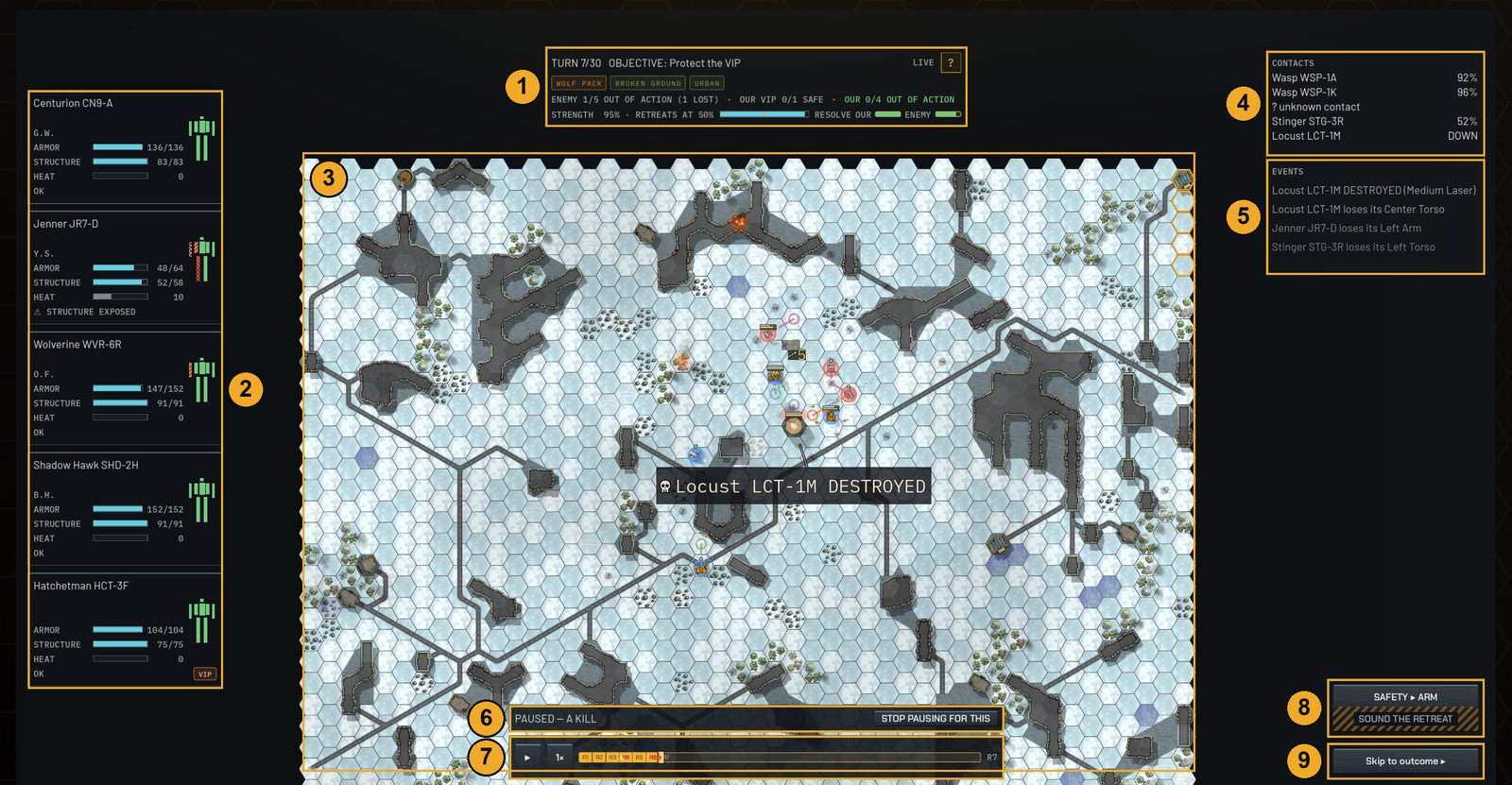 The battle screen with nine numbered areas