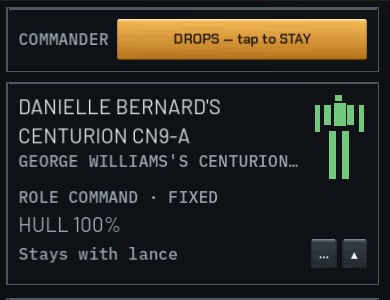 Commander switch set to DROPS; seat 0 shows the Commander's Centurion with role COMMAND FIXED