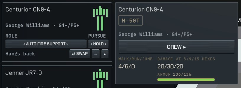 The details drawer for a lance card: weight, pilot, CREW button, walk/run/jump, damage at 3/9/15 hexes, armour