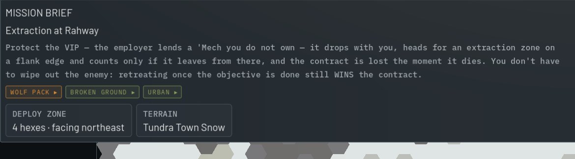 The opened mission brief: story text, tags, deploy zone and terrain