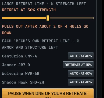 Lance retreat line slider at 50%, per-'Mech retreat chips, PAUSE WHEN ONE OF YOURS RETREATS