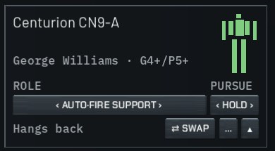 A lance card: Centurion, pilot George Williams G4+/P5+, ROLE auto-fire support, PURSUE hold, SWAP