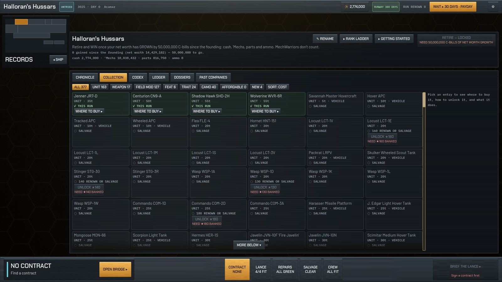 Records, Collection: a grid of 'Mech designs, unlocked and locked, with where to buy them