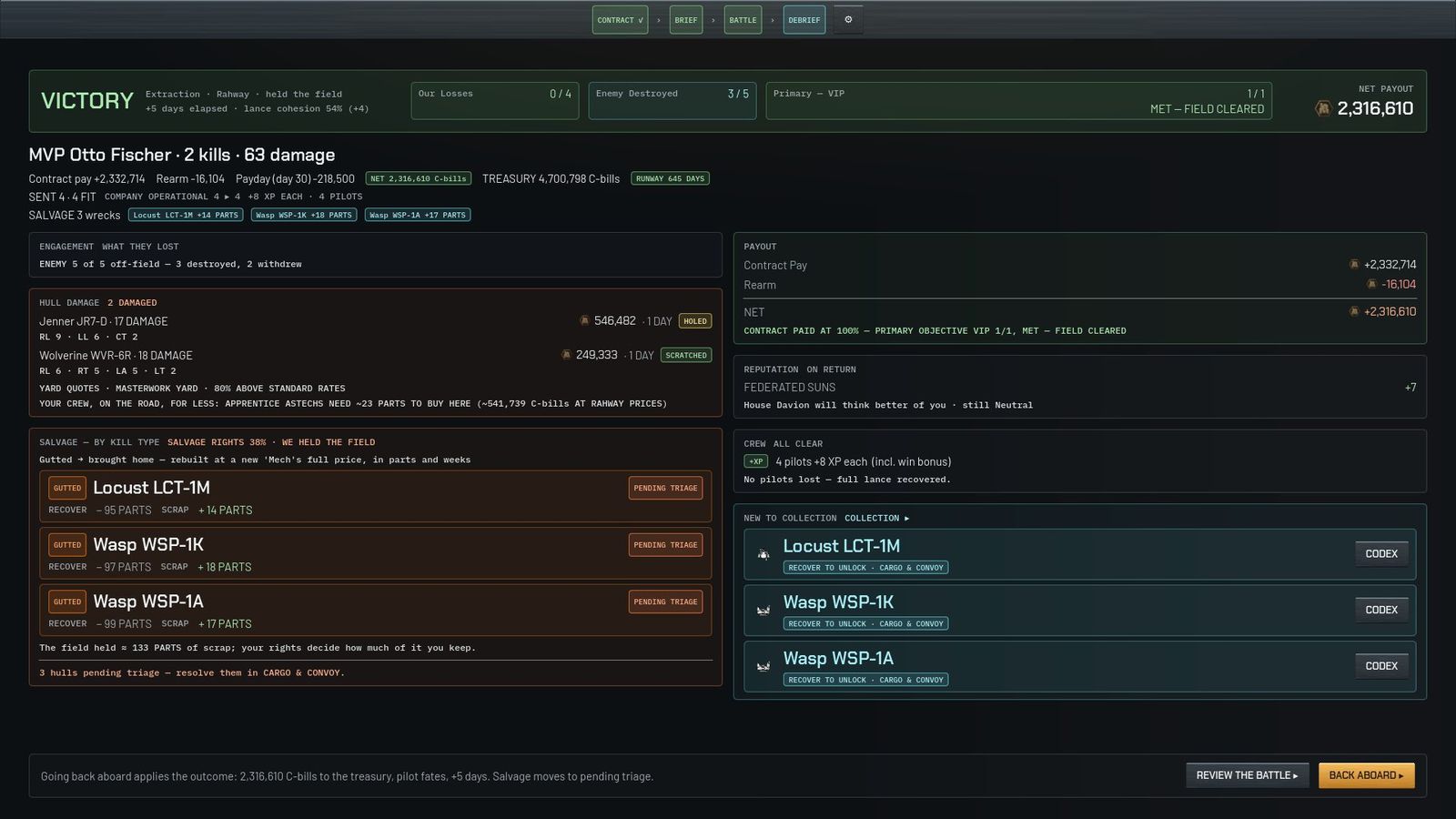 Debrief: VICTORY header, MVP, pay and payday, hull damage with yard quotes, salvage by kill type, reputation, crew XP, new to Collection