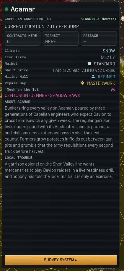 World card for Rahway: owner, standing, distance, contracts here, transit days, passage cost, climate, the best offer, your share of the trip, what you arrive with, market, repair bay, 'Mechs on the lot, lore