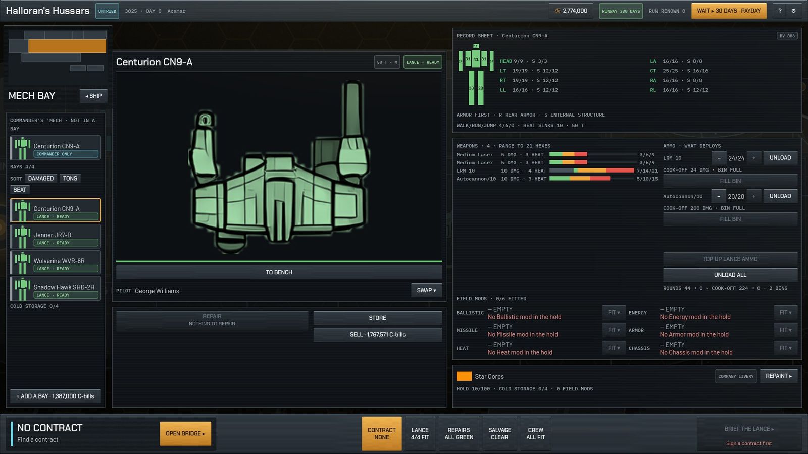 Mech Bay: roster on the left, a Centurion's damage silhouette, armour by location, weapons, ammo bins, field-mod slots