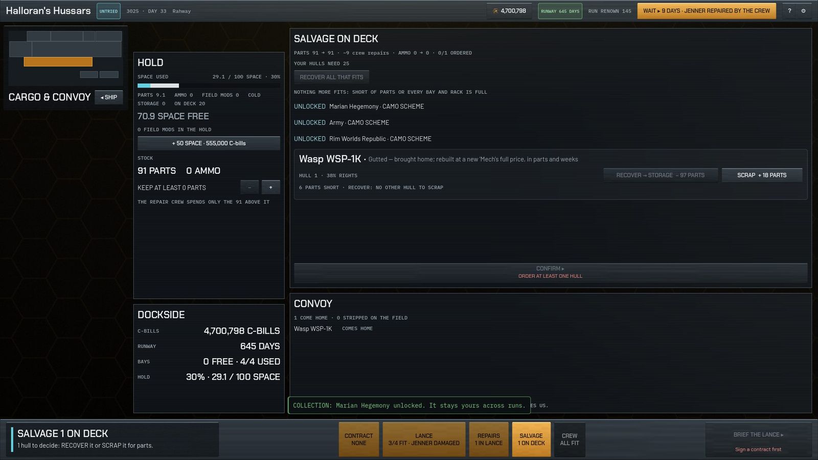 Cargo & Convoy after the battle: hold space, salvage on deck with recover and scrap buttons, dockside summary