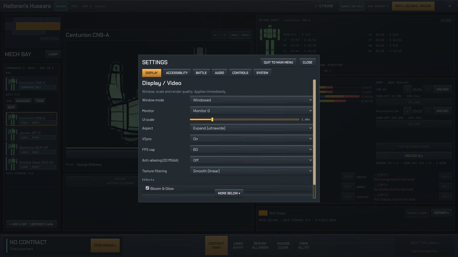Settings modal, Display and Video tab