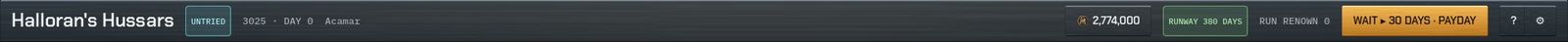 Top bar: company name, rank tag, date and location, C-bills, runway, renown, the WAIT button, help and settings